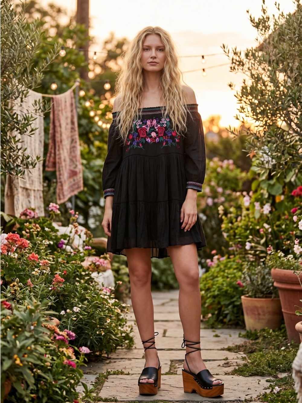 Free People Sunbeams Embroidered Dress in Black Small Off Shoulders Bohemian